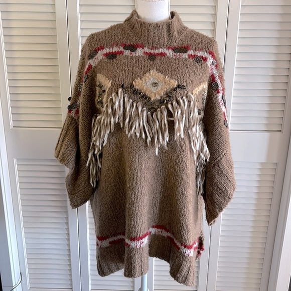 Free People Dark Crystal Wool Alpaca Fringe Oversized Poncho Sweater Size Small - Picture 2 of 13